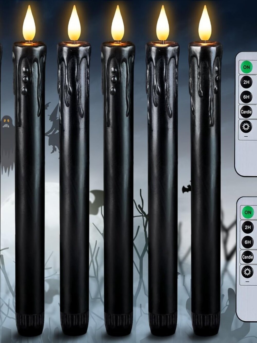 Black Flameless Taper Candles with Remote and Timer, Real Wax LED Taper Candles